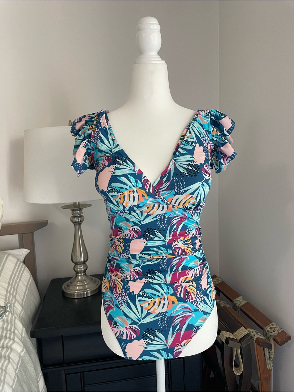 Latched Mama Tropical Print Nursing Access One-Piece Swimsuit EUC